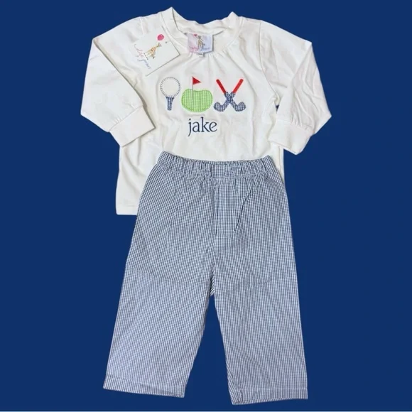 Eliza James Golf Appliqué Set 18M – Personalized “Jake” Shirt + Gingham Pants - Picture 2 of 9